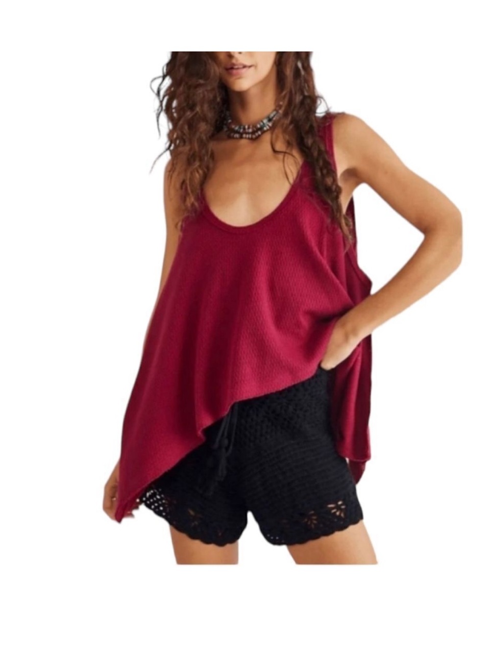 We The Free Sing LaLa Oversized Asymmetrical Tank Top Burgundy Beach Summer Boho